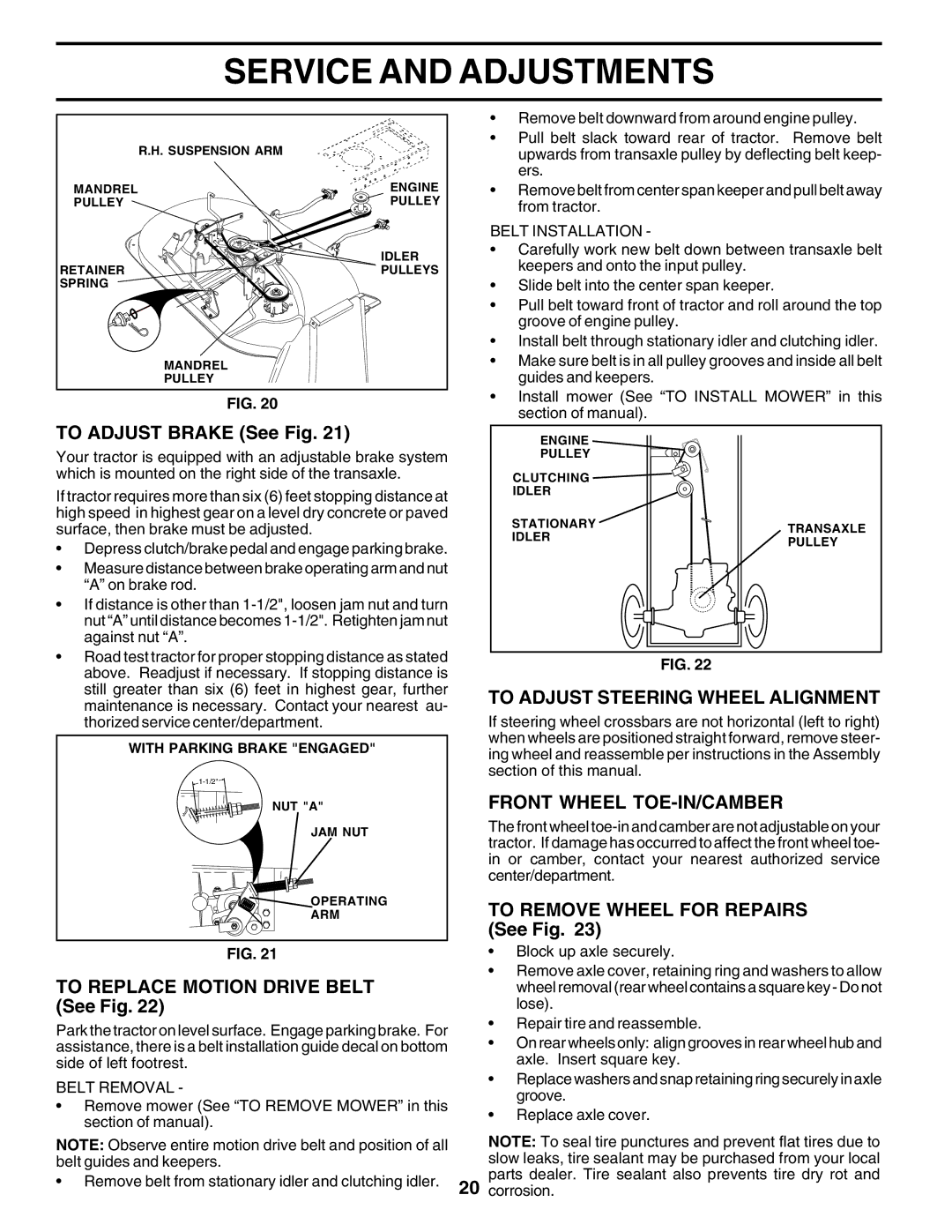 Poulan PC1538A manual To Adjust Brake See Fig, To Adjust Steering Wheel Alignment, Front Wheel TOE-IN/CAMBER 