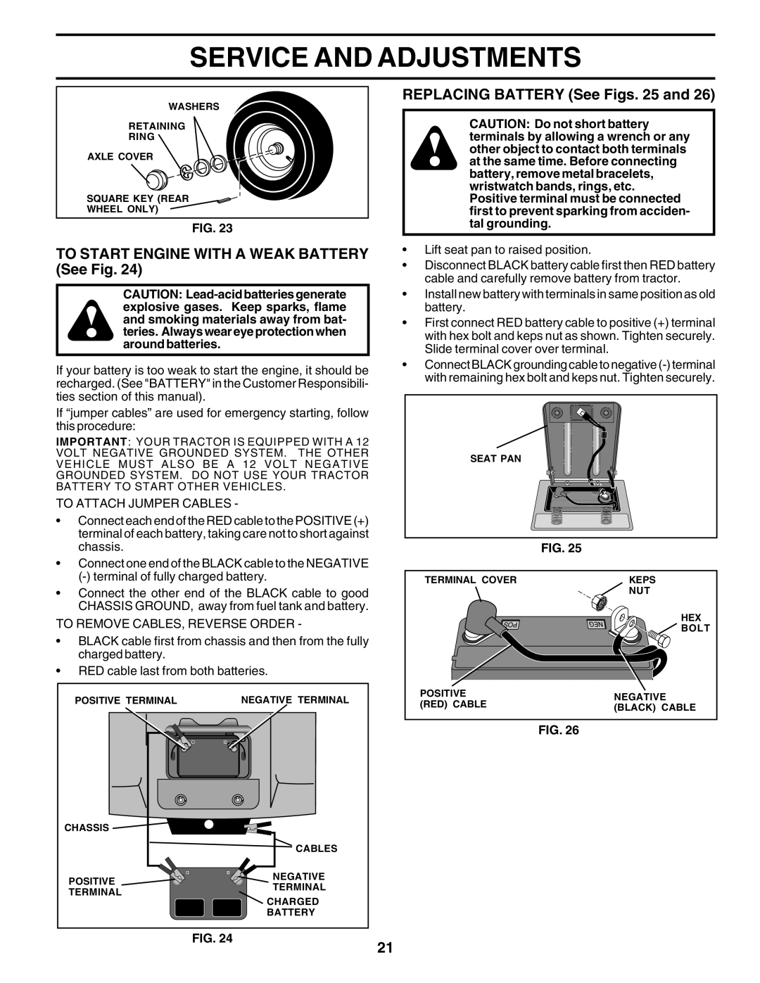 Poulan PC1538A manual To Start Engine with a Weak Battery See Fig, Replacing Battery See Figs, To Attach Jumper Cables 