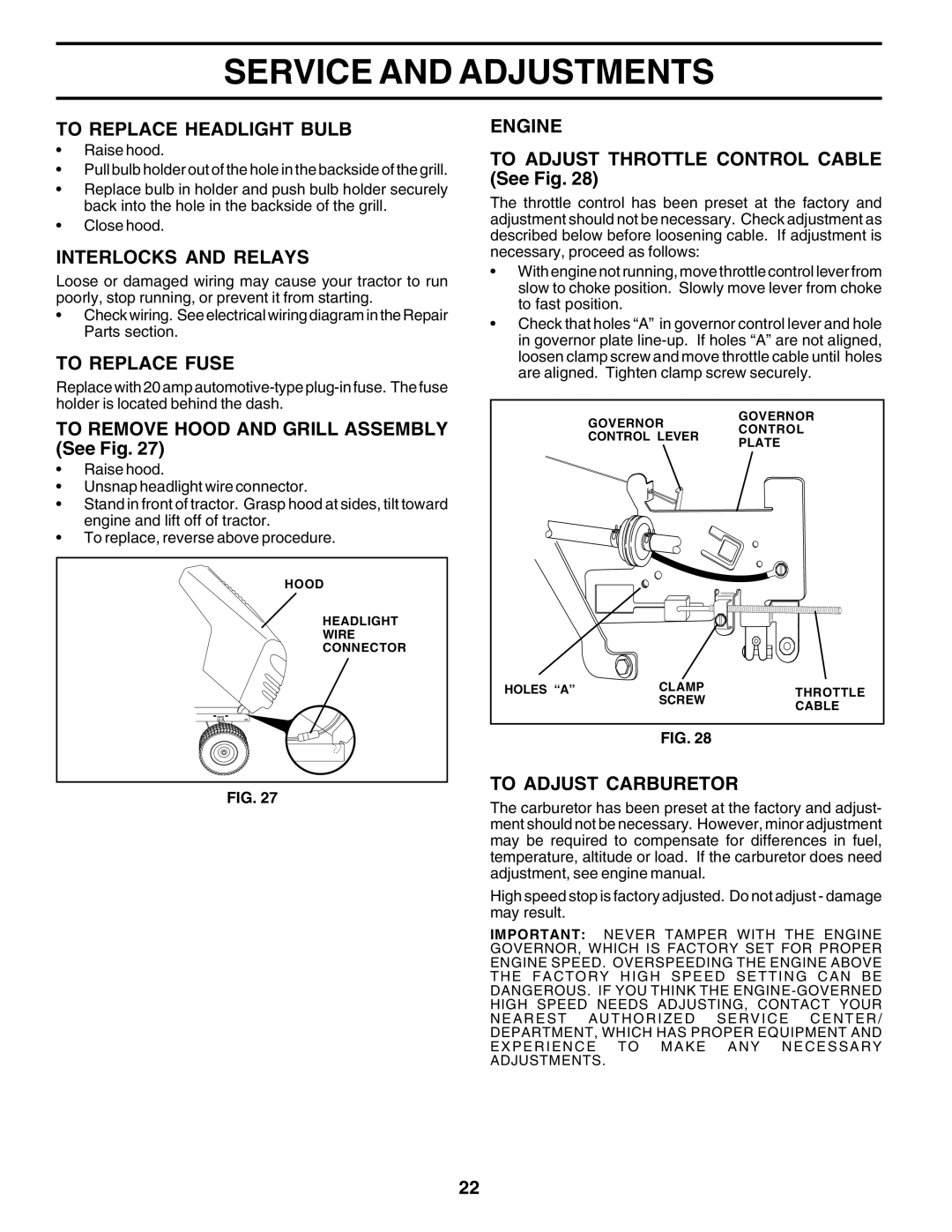 Poulan PC1538A manual To Replace Headlight Bulb, Interlocks and Relays, To Replace Fuse, Engine, To Adjust Carburetor 