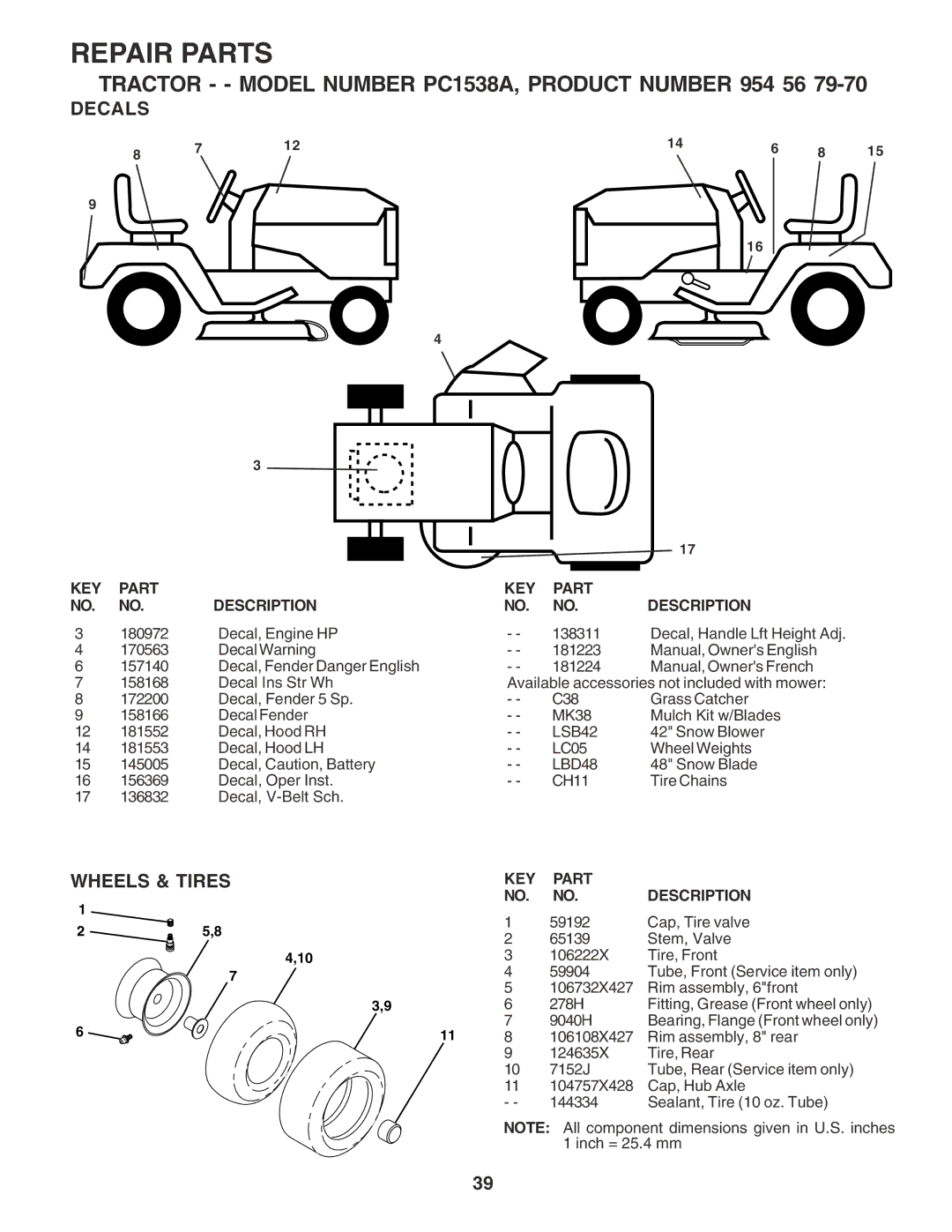 Poulan PC1538A manual Decals, Wheels & Tires, LSB42, LBD48 