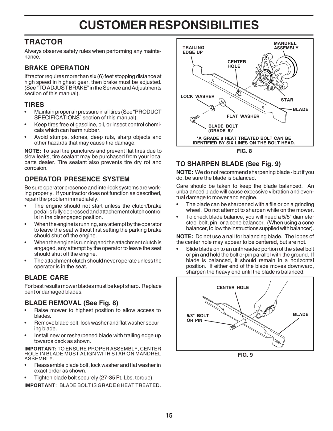 Poulan PC1538B manual Tractor, Brake Operation, Tires, Operator Presence System, Blade Care 