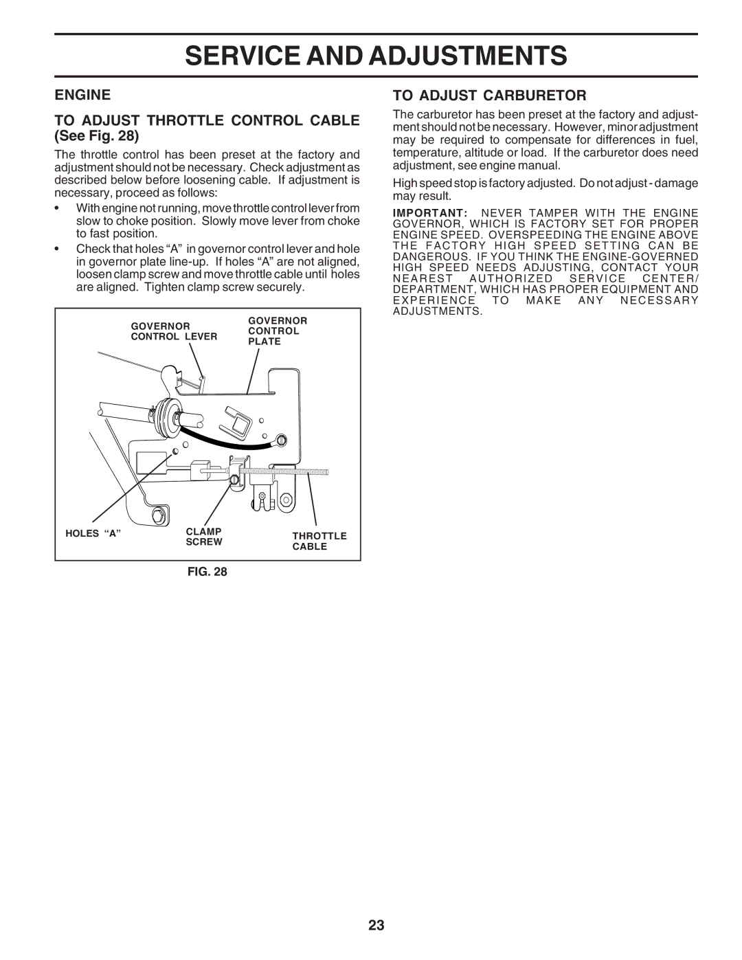 Poulan PC1538B manual Engine, To Adjust Throttle Control Cable See Fig, To Adjust Carburetor 