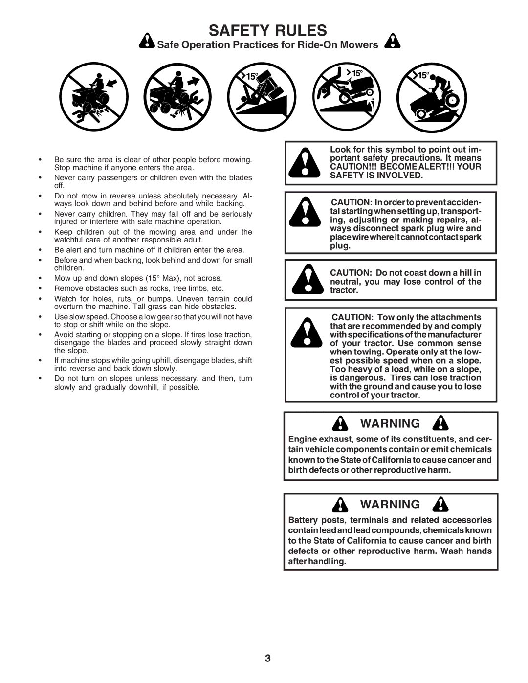 Poulan PC1538B manual Safety Rules, Safe Operation Practices for Ride-On Mowers 