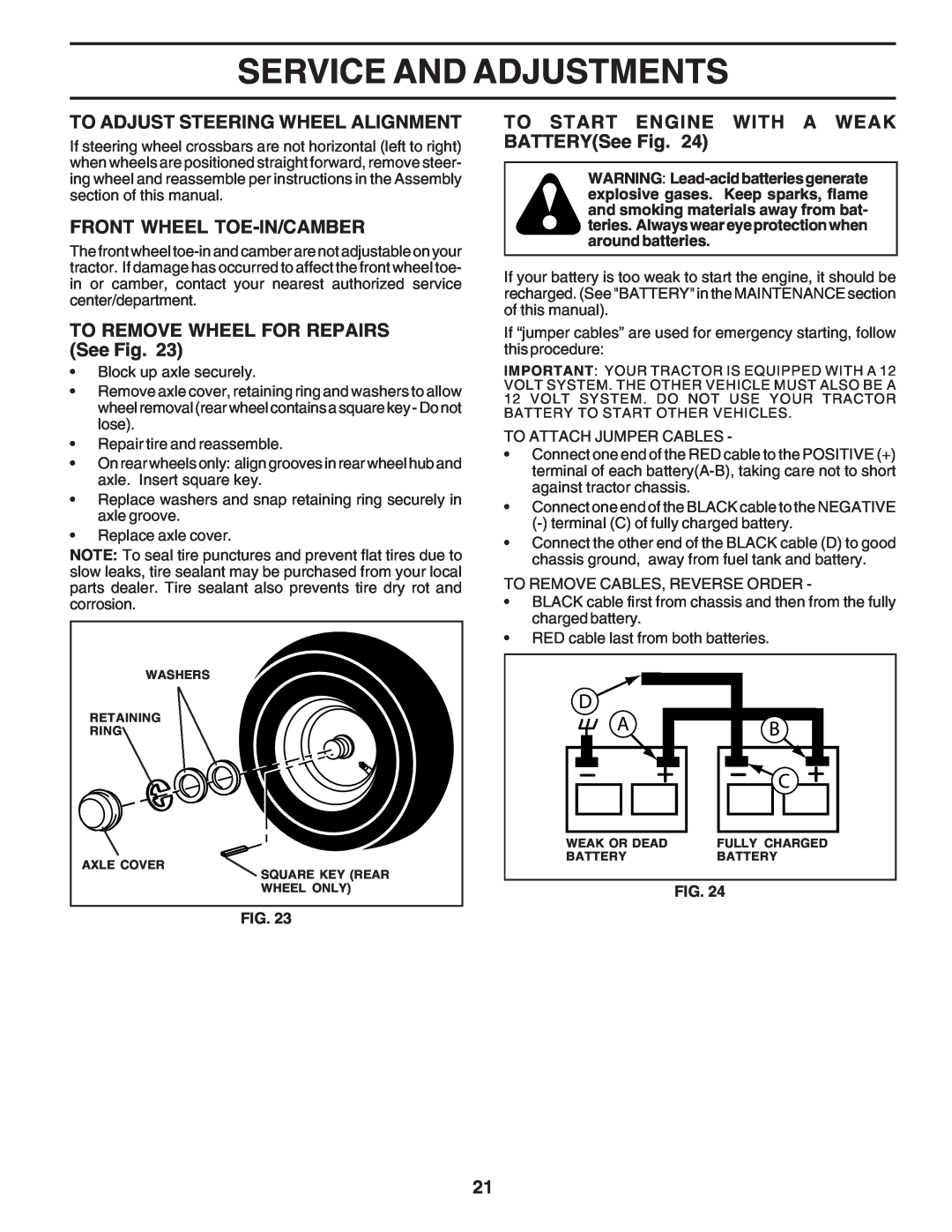 Poulan PC1538B manual To Adjust Steering Wheel Alignment, Front Wheel Toe-In/Camber, TO REMOVE WHEEL FOR REPAIRS See Fig 