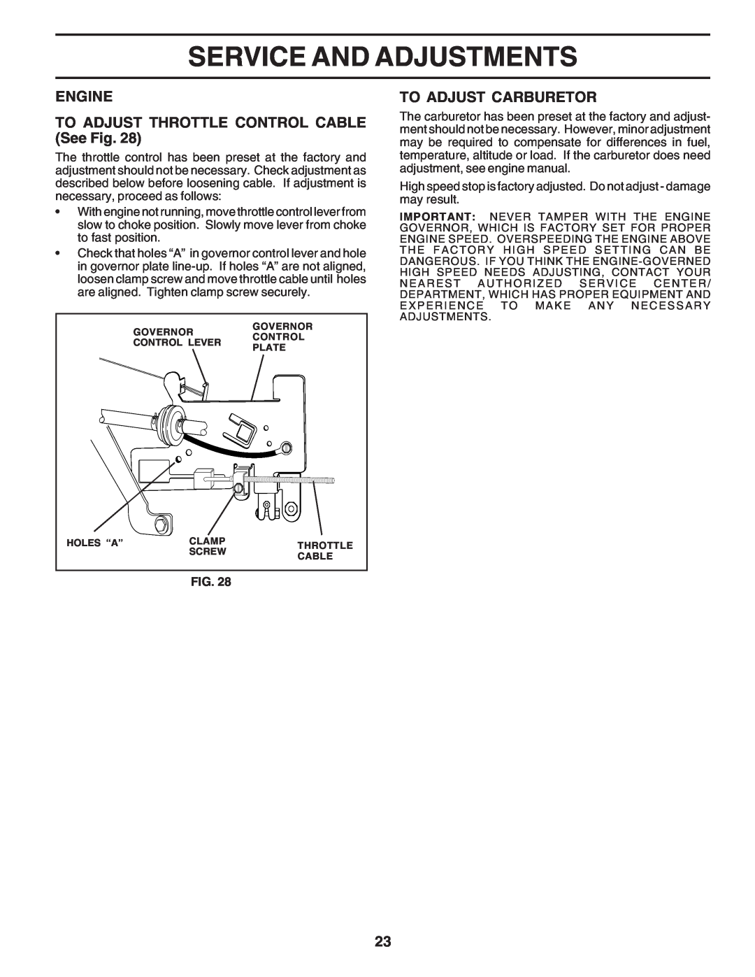 Poulan PC1538B manual ENGINE TO ADJUST THROTTLE CONTROL CABLE See Fig, To Adjust Carburetor, Service And Adjustments 