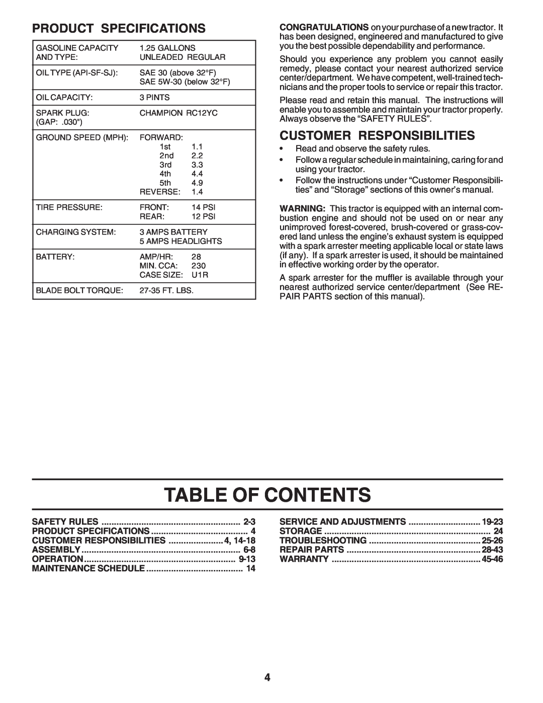 Poulan PC1538B Table Of Contents, Product Specifications, Customer Responsibilities, 19-23, 25-26, 28-43, 9-13, 45-46 