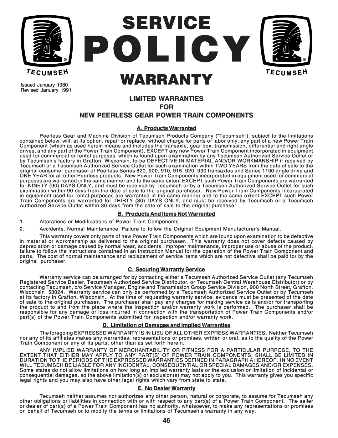 Poulan PC1538B Limited Warranties For, New Peerless Gear Power Train Components, T E C U M Seh, Policy, Service, Warranty 