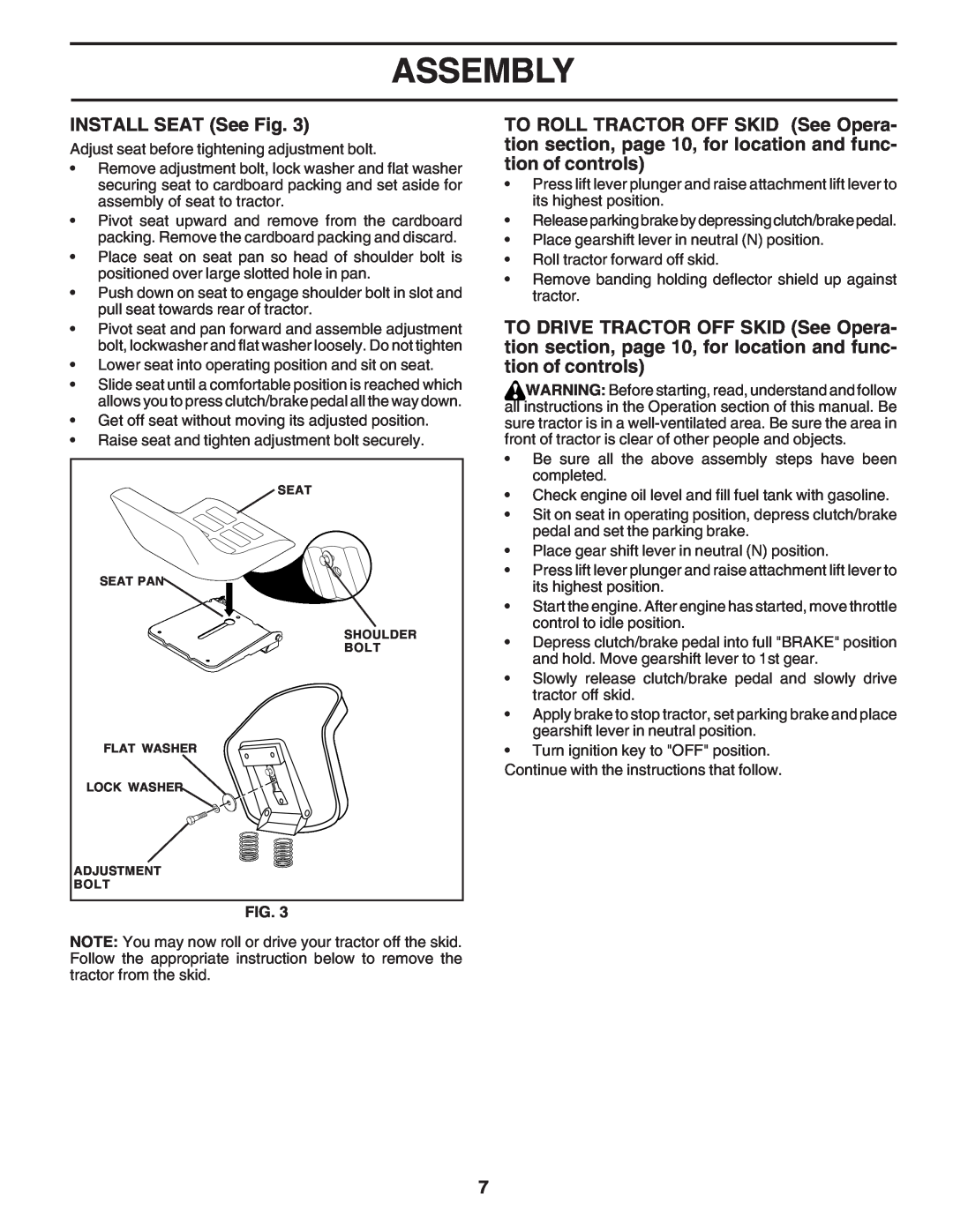 Poulan PC1538B manual INSTALL SEAT See Fig, Assembly 