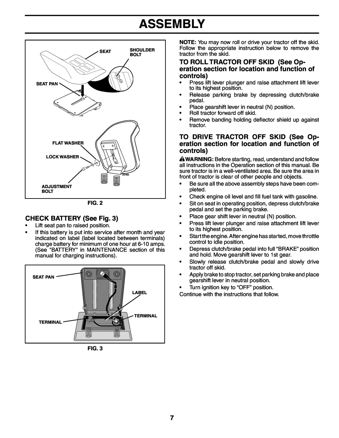 Poulan PD15538LT manual CHECK BATTERY See Fig, Assembly 