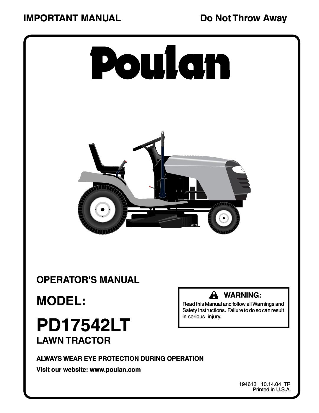Poulan PD17542LT manual Model, Important Manual, Operators Manual, Lawn Tractor, Do Not Throw Away, 02478 