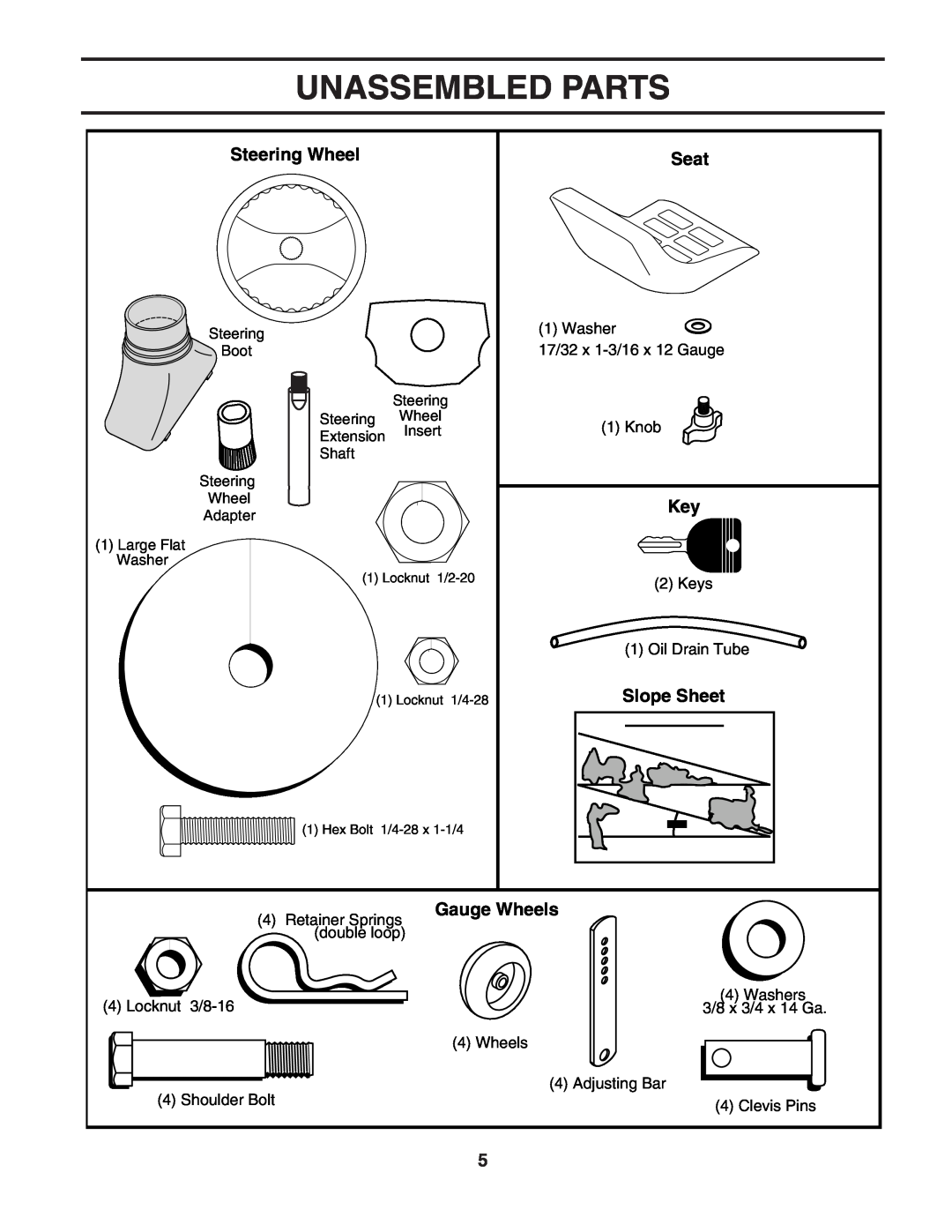 Poulan PD185H42STC owner manual Unassembled Parts, Steering Wheel, Seat, Slope Sheet, Gauge Wheels, Washers 