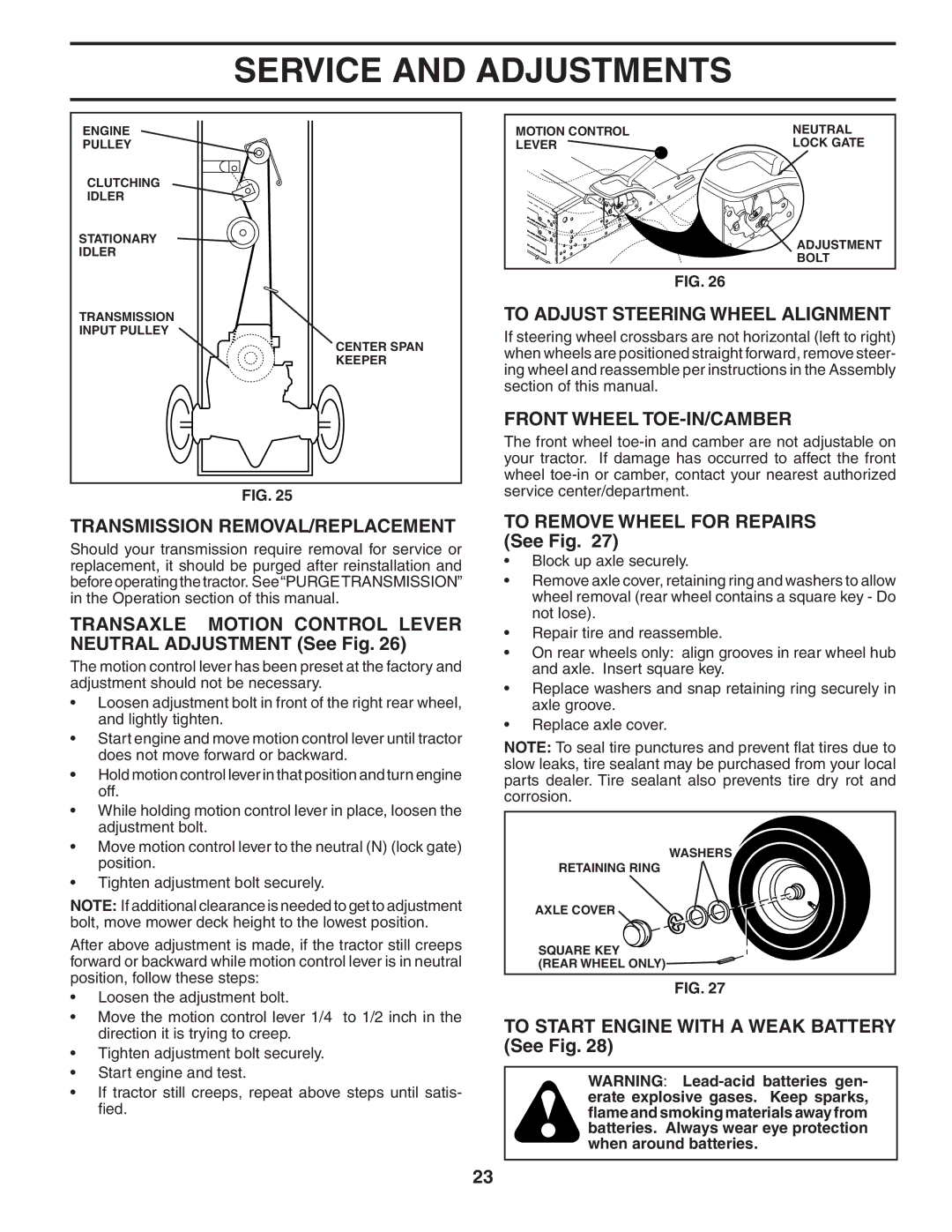 Poulan PD18H42STA Transmission REMOVAL/REPLACEMENT, To Adjust Steering Wheel Alignment, Front Wheel TOE-IN/CAMBER 