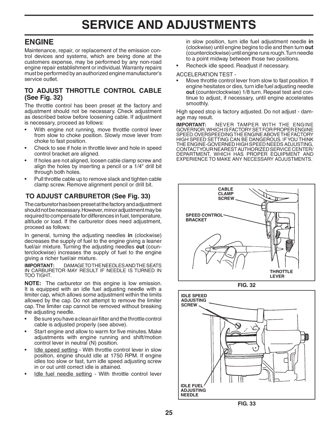 Poulan PD18H42STA owner manual To Adjust Throttle Control Cable See Fig, To Adjust Carburetor See Fig, Acceleration Test 