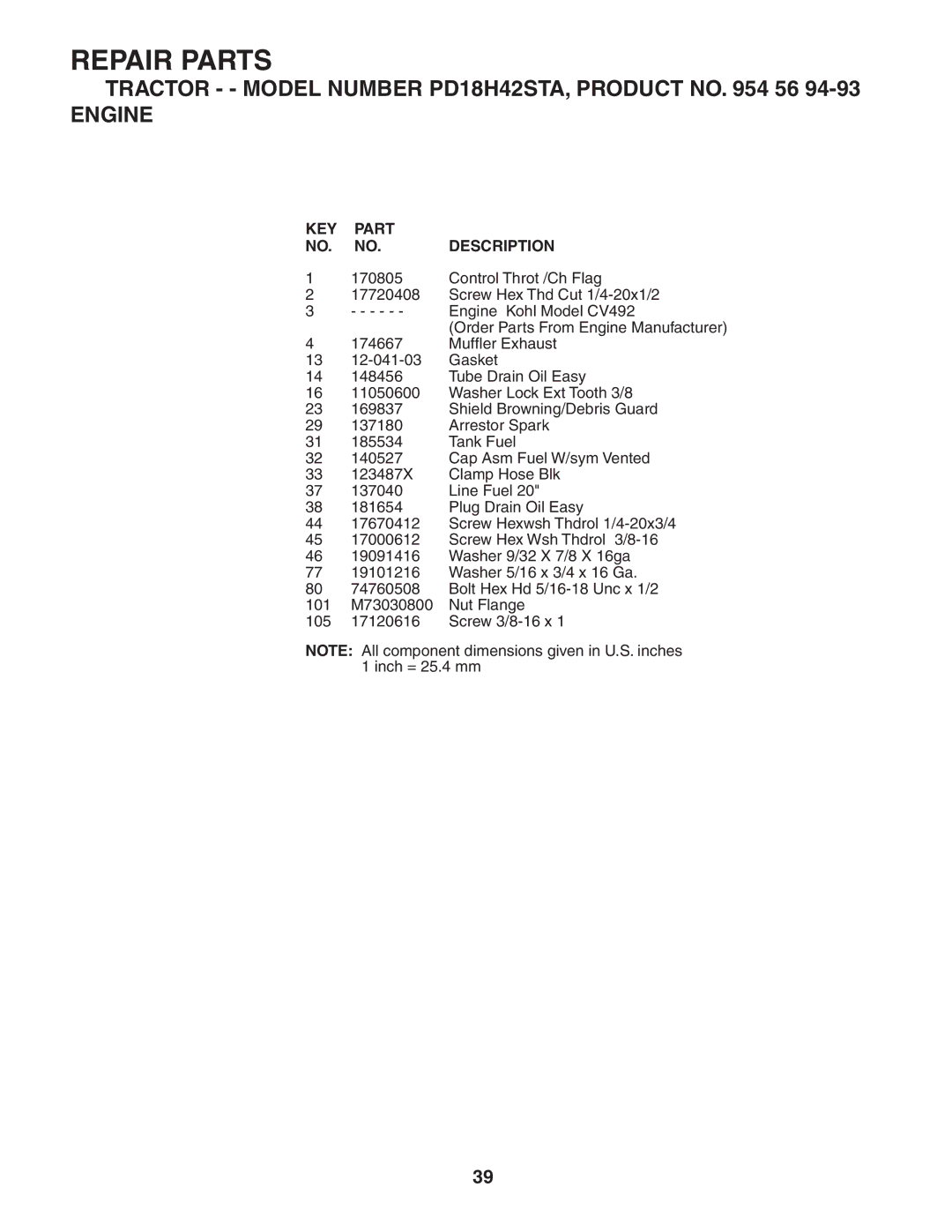 Poulan PD18H42STA owner manual KEY Part NO. NO. Description 