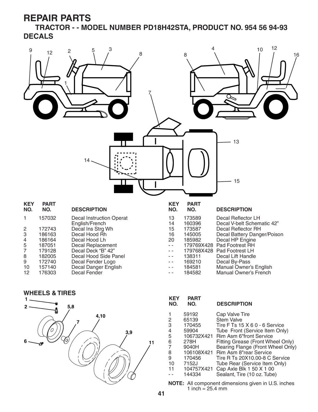 Poulan owner manual Tractor - Model Number PD18H42STA, Product no 56 Decals, Wheels & Tires 