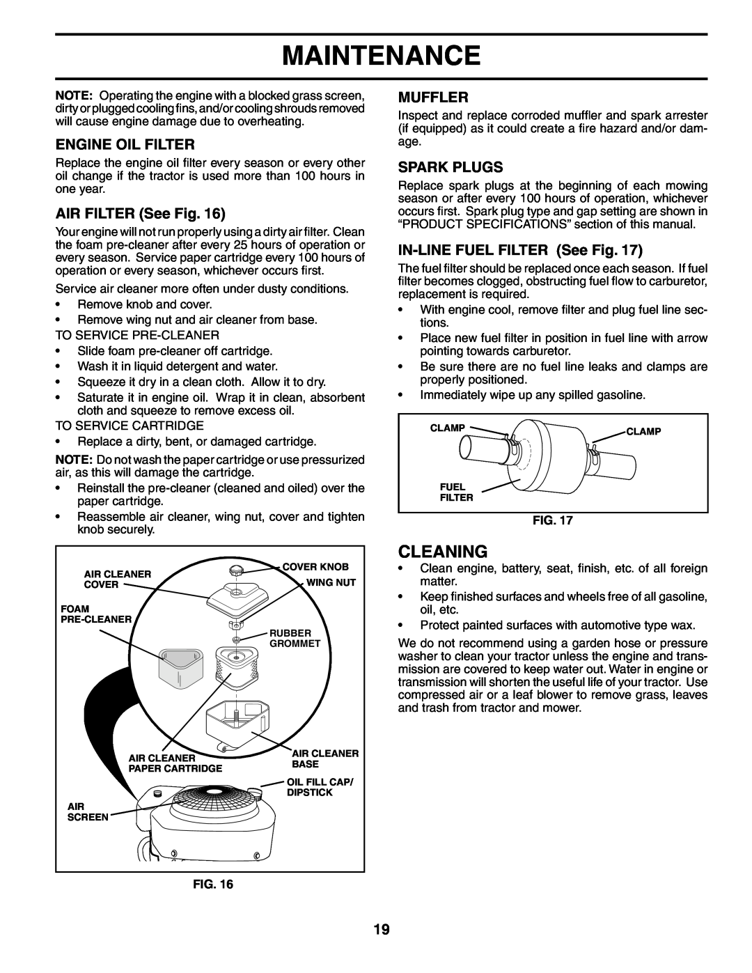 Poulan PD18H42STB Cleaning, Engine Oil Filter, AIR FILTER See Fig, Muffler, Spark Plugs, IN-LINE FUEL FILTER See Fig 