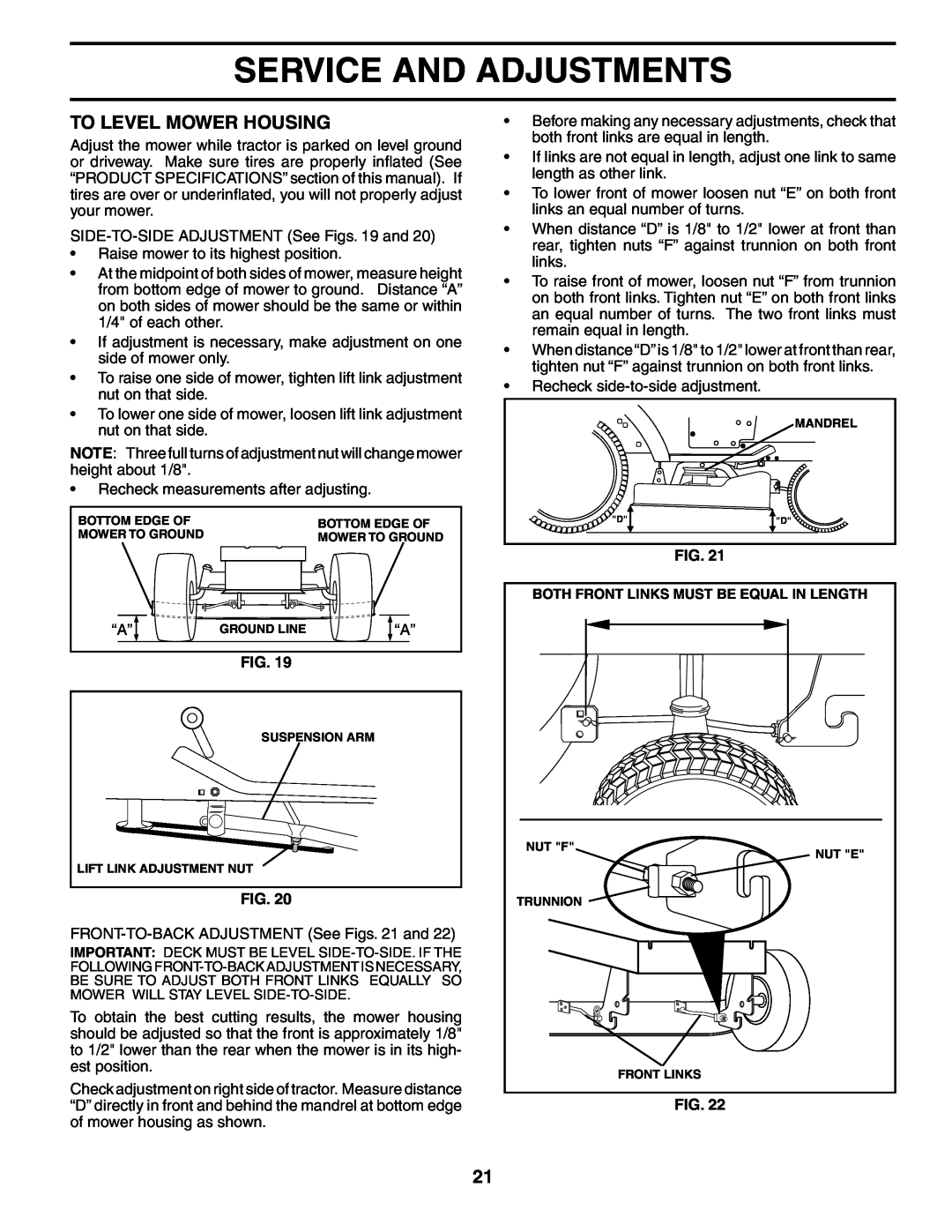 Poulan PD18H42STB owner manual To Level Mower Housing, Service And Adjustments, Both Front Links Must Be Equal In Length 