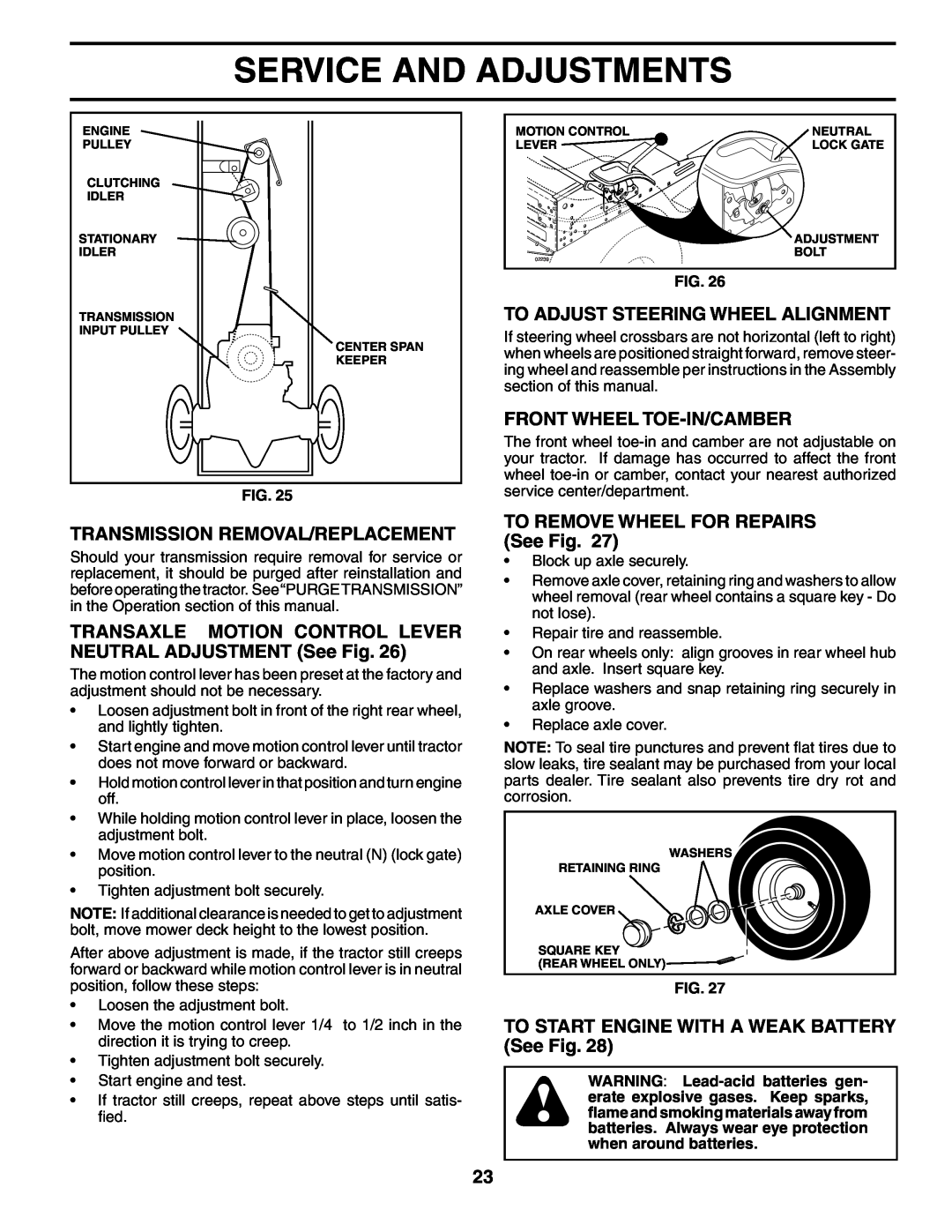 Poulan PD18H42STB owner manual Transmission Removal/Replacement, TRANSAXLE MOTION CONTROL LEVER NEUTRAL ADJUSTMENT See Fig 