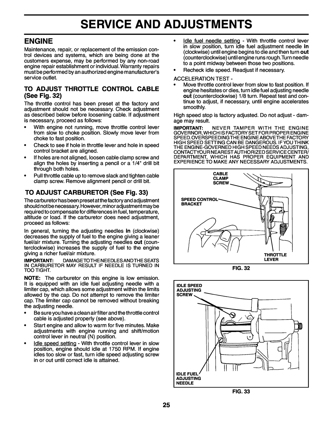 Poulan PD18H42STB TO ADJUST THROTTLE CONTROL CABLE See Fig, TO ADJUST CARBURETOR See Fig, Service And Adjustments, Engine 