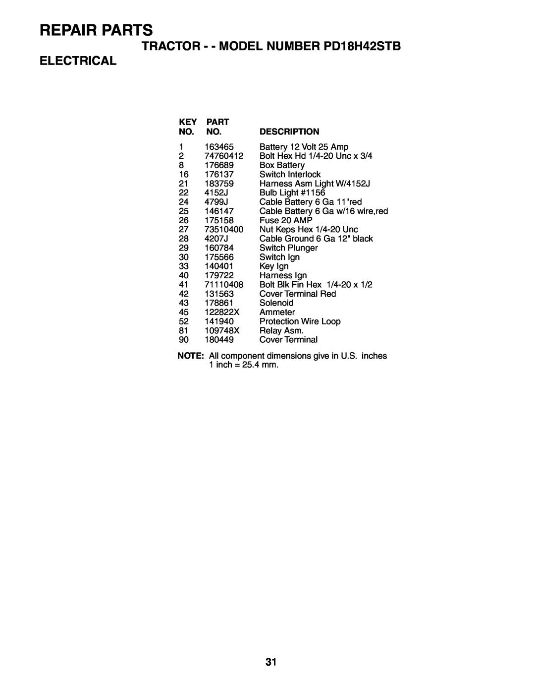 Poulan owner manual Repair Parts, TRACTOR - - MODEL NUMBER PD18H42STB ELECTRICAL, Key Part No. No. Description 