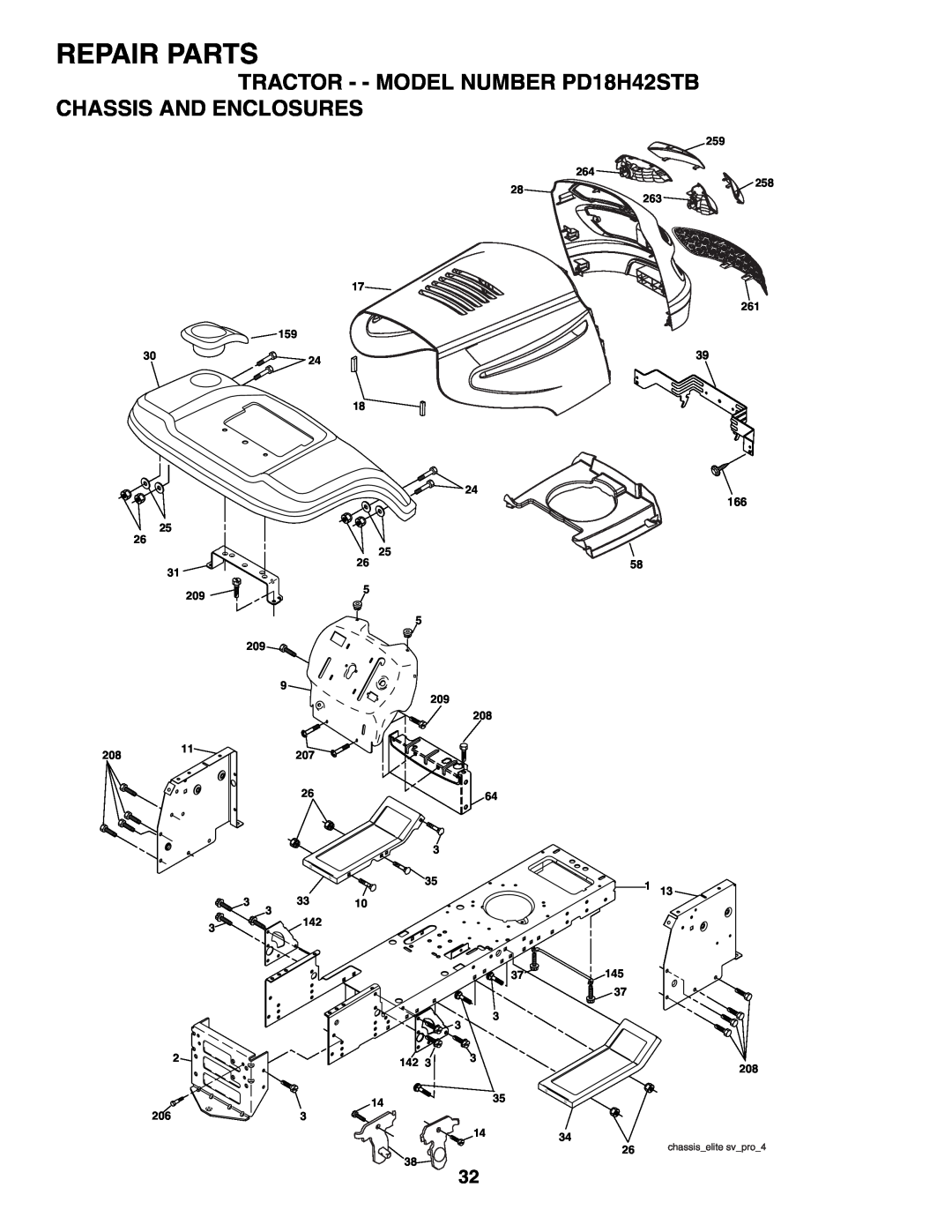 Poulan owner manual TRACTOR - - MODEL NUMBER PD18H42STB CHASSIS AND ENCLOSURES, Repair Parts, chassiselite svpro4 