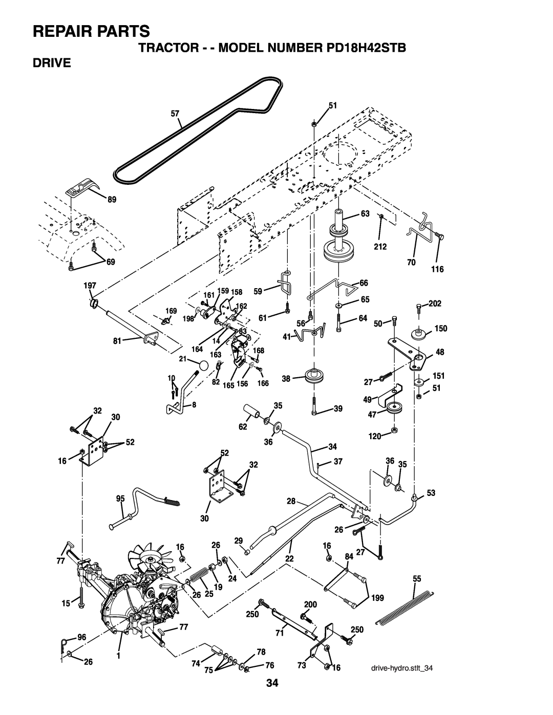 Poulan owner manual TRACTOR - - MODEL NUMBER PD18H42STB DRIVE, Repair Parts, 82 165, drive-hydro.stlt34 