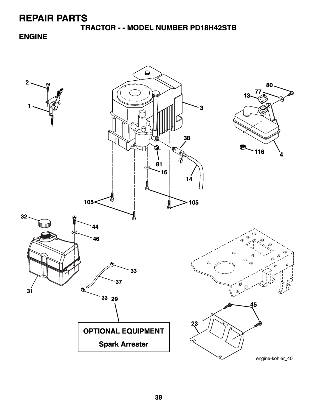 Poulan owner manual TRACTOR - - MODEL NUMBER PD18H42STB ENGINE, Repair Parts, OPTIONAL EQUIPMENT Spark Arrester 