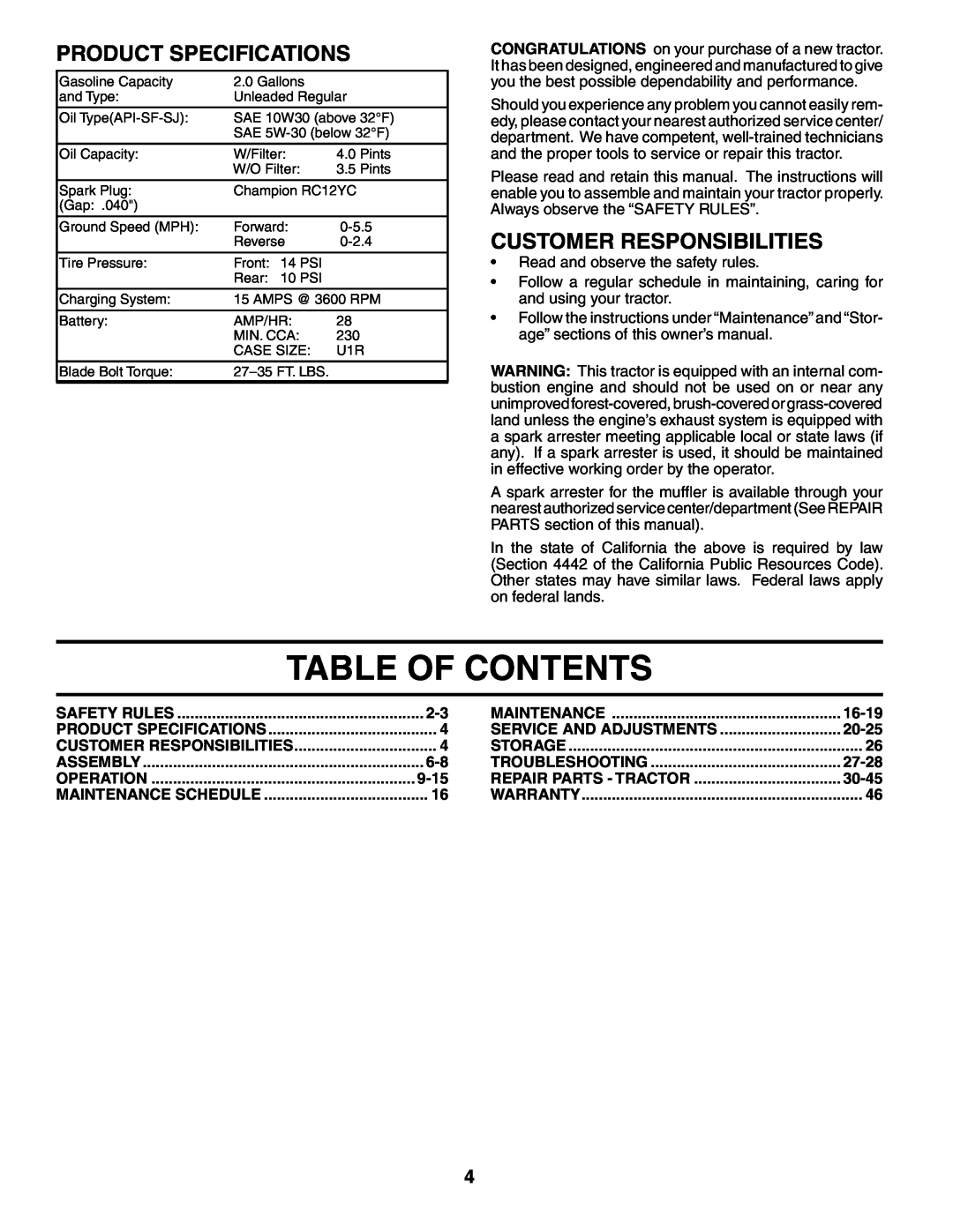 Poulan PD18H42STB owner manual Table Of Contents, Product Specifications, Customer Responsibilities 