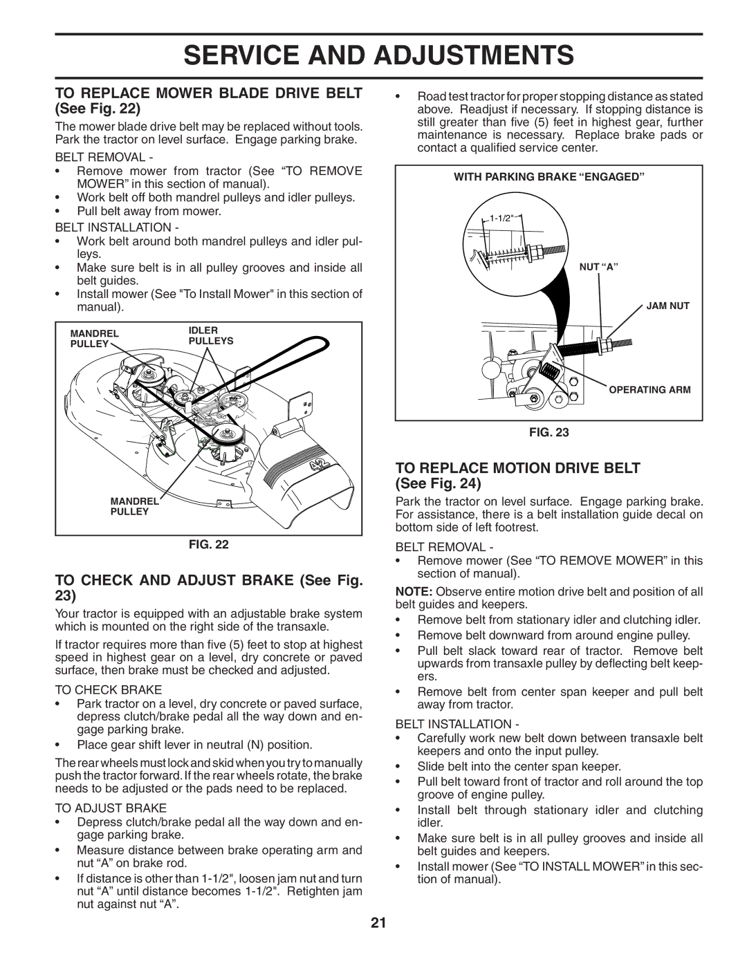 Poulan PD2042STA owner manual To Replace Mower Blade Drive Belt See Fig, To Check and Adjust Brake See Fig 