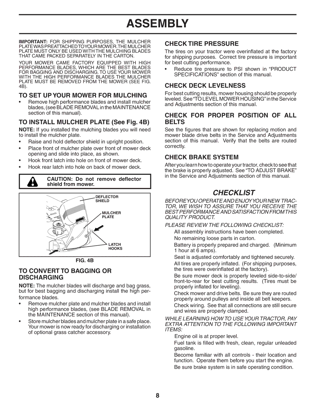 Poulan PD2042STA owner manual To SET UP Your Mower for Mulching, To Convert to Bagging or Discharging, Check Tire Pressure 