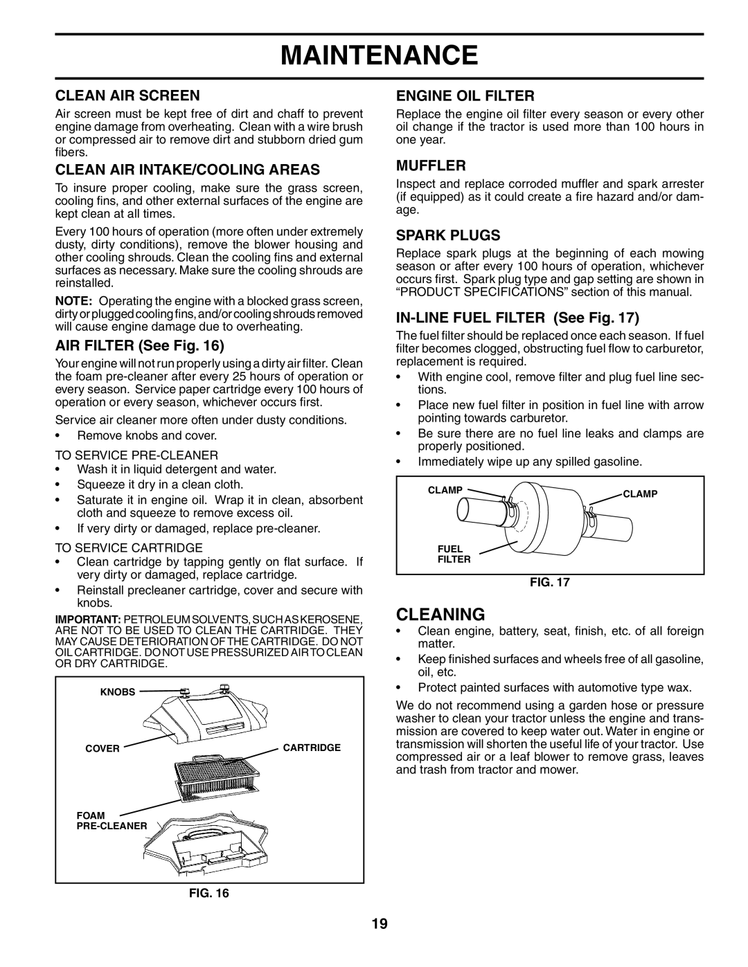 Poulan PD20H42STA owner manual Cleaning 