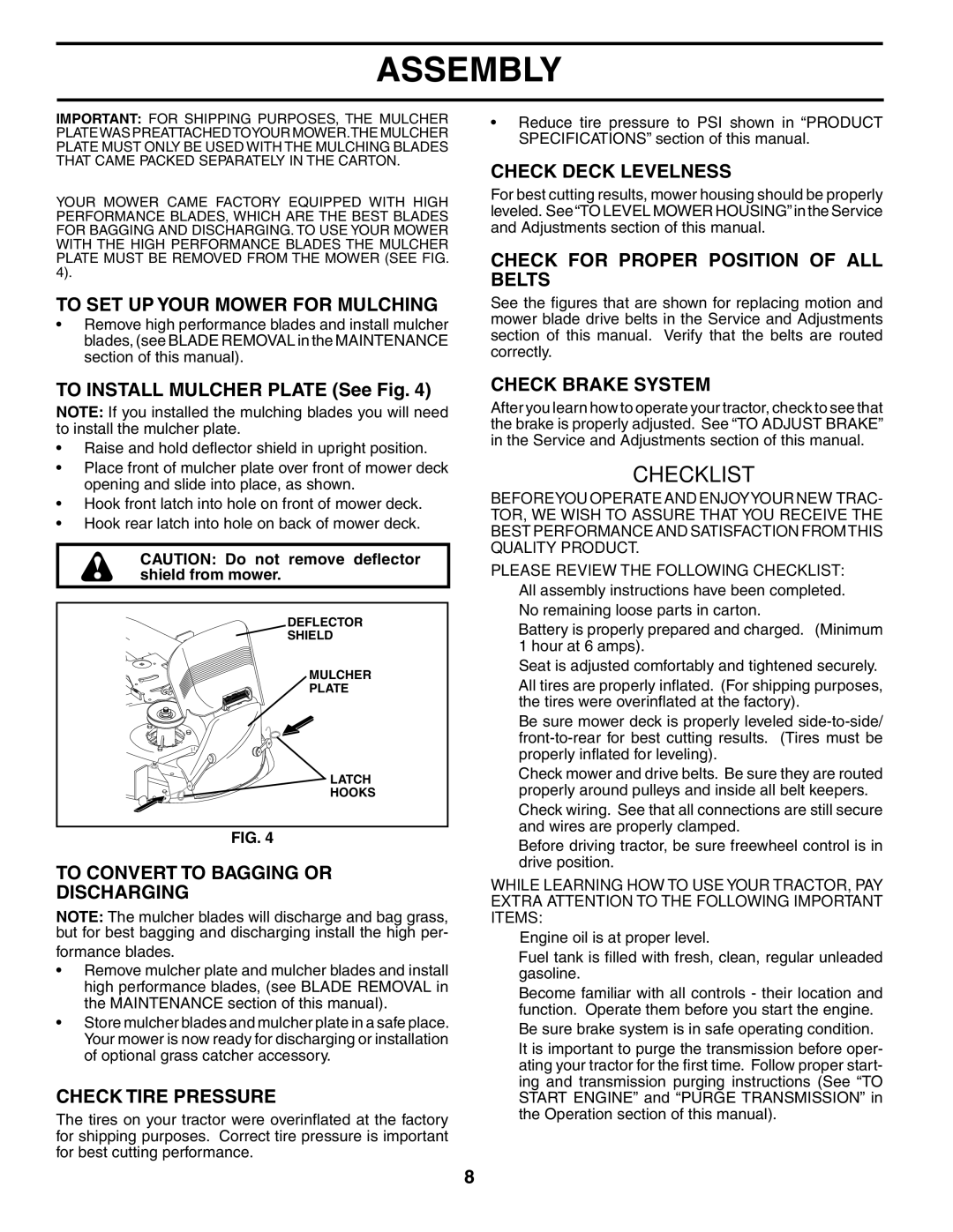 Poulan PD20H42STA owner manual To SET UP Your Mower for Mulching, To Convert to Bagging or Discharging, Check Tire Pressure 