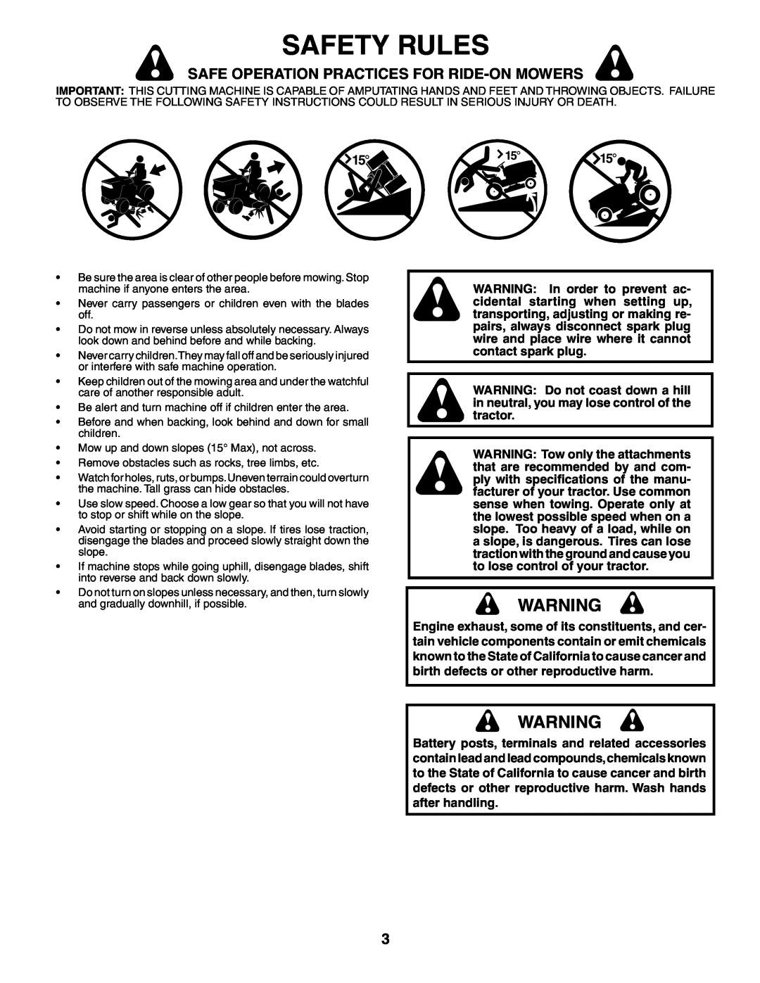 Poulan PD20H42STA owner manual Safety Rules, Safe Operation Practices For Ride-On Mowers 