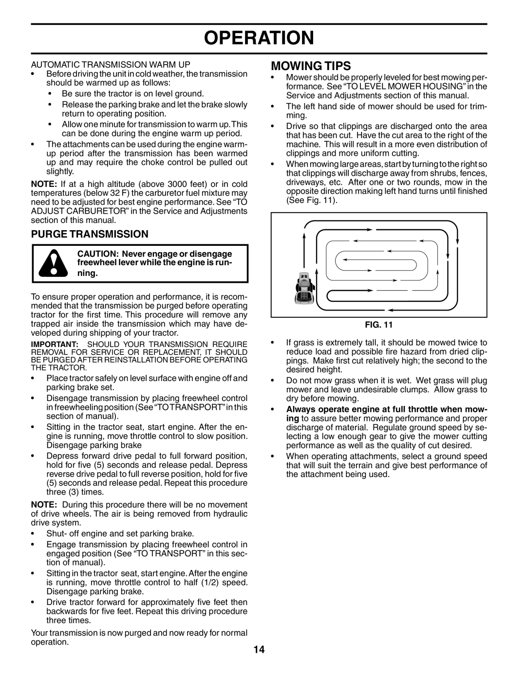 Poulan PD20PH42STA owner manual Mowing Tips, Purge Transmission, Automatic Transmission Warm UP 