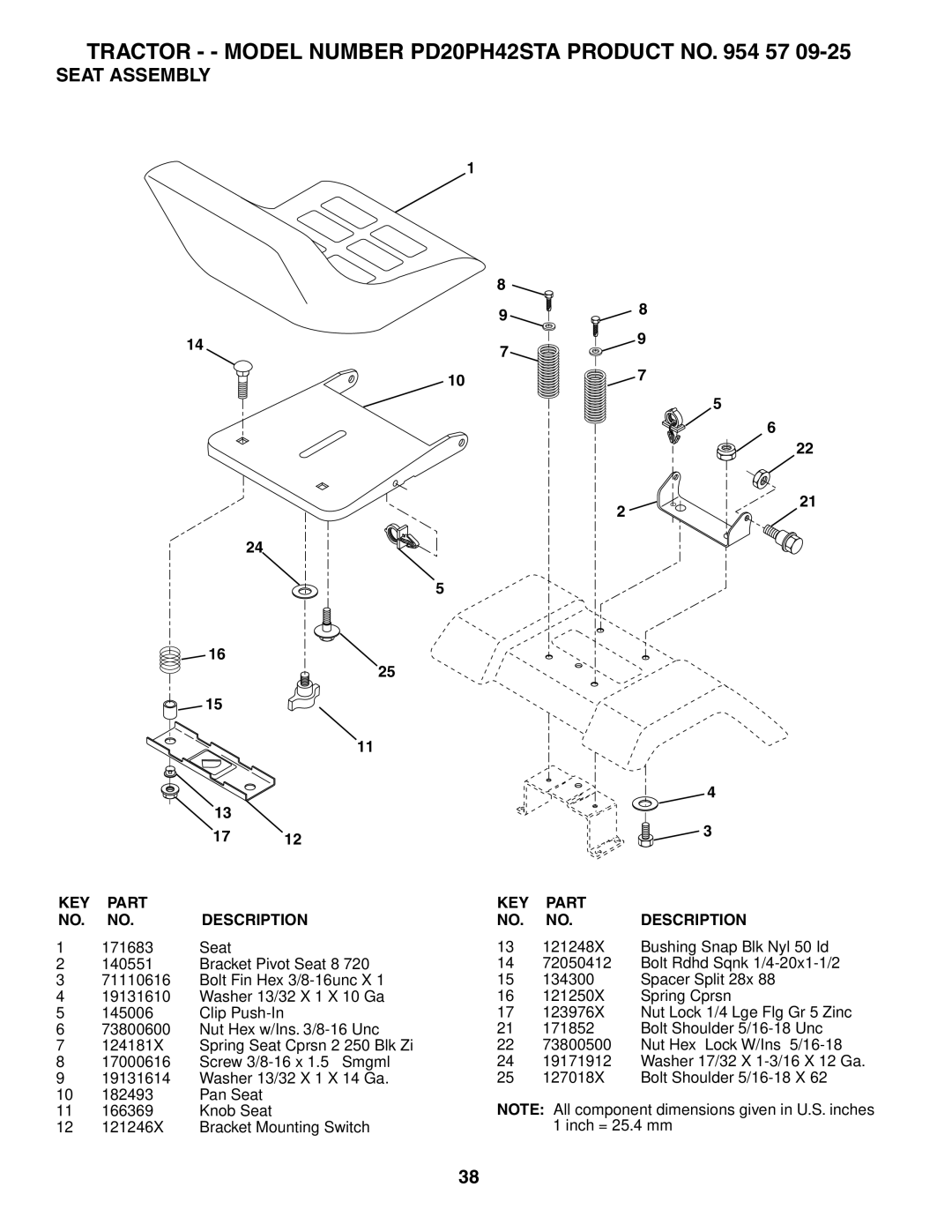 Poulan PD20PH42STA owner manual Seat Assembly, KEY Part NO. NO. Description 