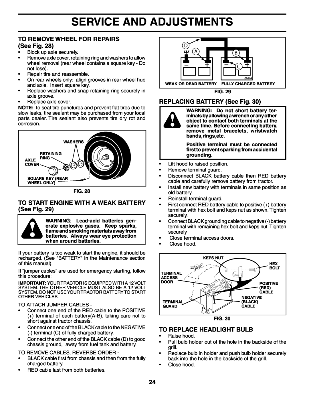 Poulan PD20PH48STA owner manual TO REMOVE WHEEL FOR REPAIRS See Fig, REPLACING BATTERY See Fig, To Replace Headlight Bulb 