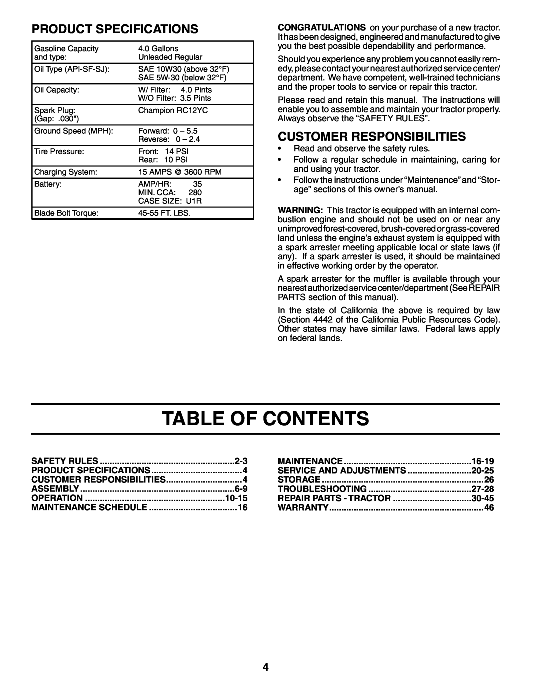 Poulan PD20PH48STA owner manual Table Of Contents, Product Specifications, Customer Responsibilities 