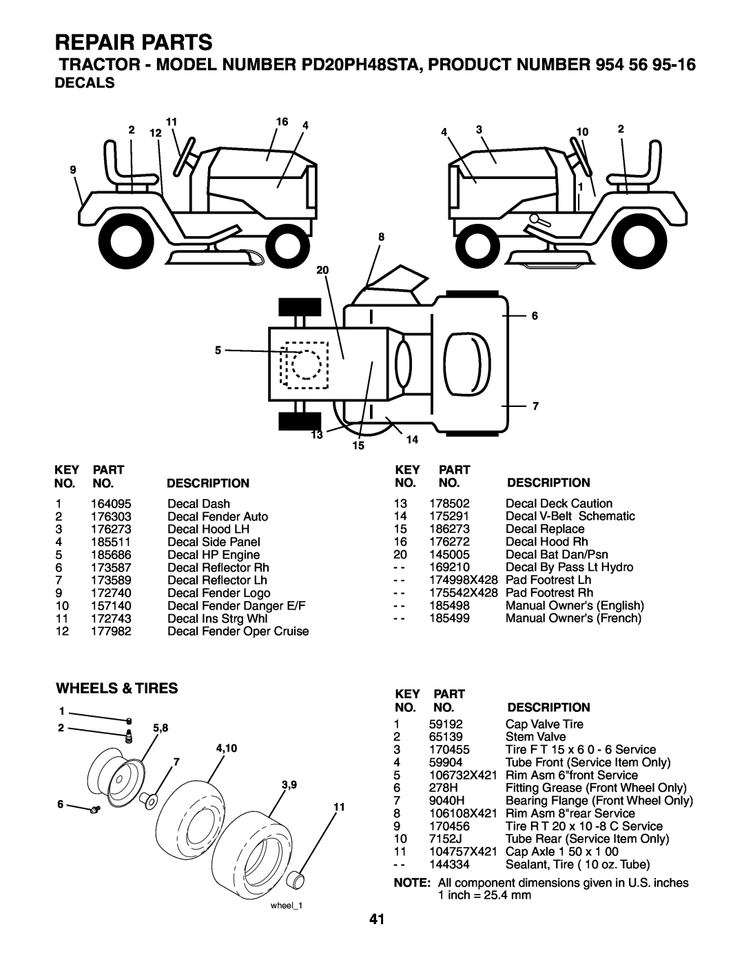 Poulan owner manual Decals, Wheels & Tires, Repair Parts, TRACTOR - MODEL NUMBER PD20PH48STA, PRODUCT NUMBER, 4,10 