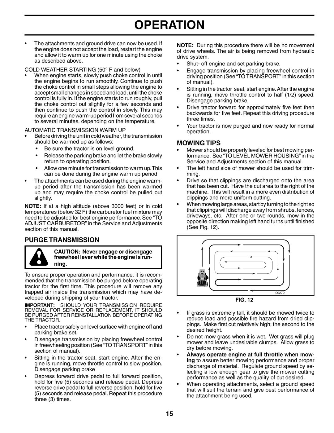 Poulan PD20PH48STB owner manual Purge Transmission, Mowing Tips, Automatic Transmission Warm UP 