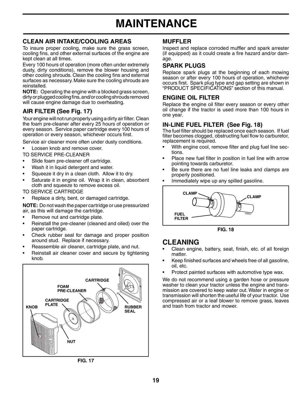 Poulan PD20PH48STB owner manual Cleaning, Clean AIR INTAKE/COOLING Areas, Muffler, Spark Plugs, Engine OIL Filter 