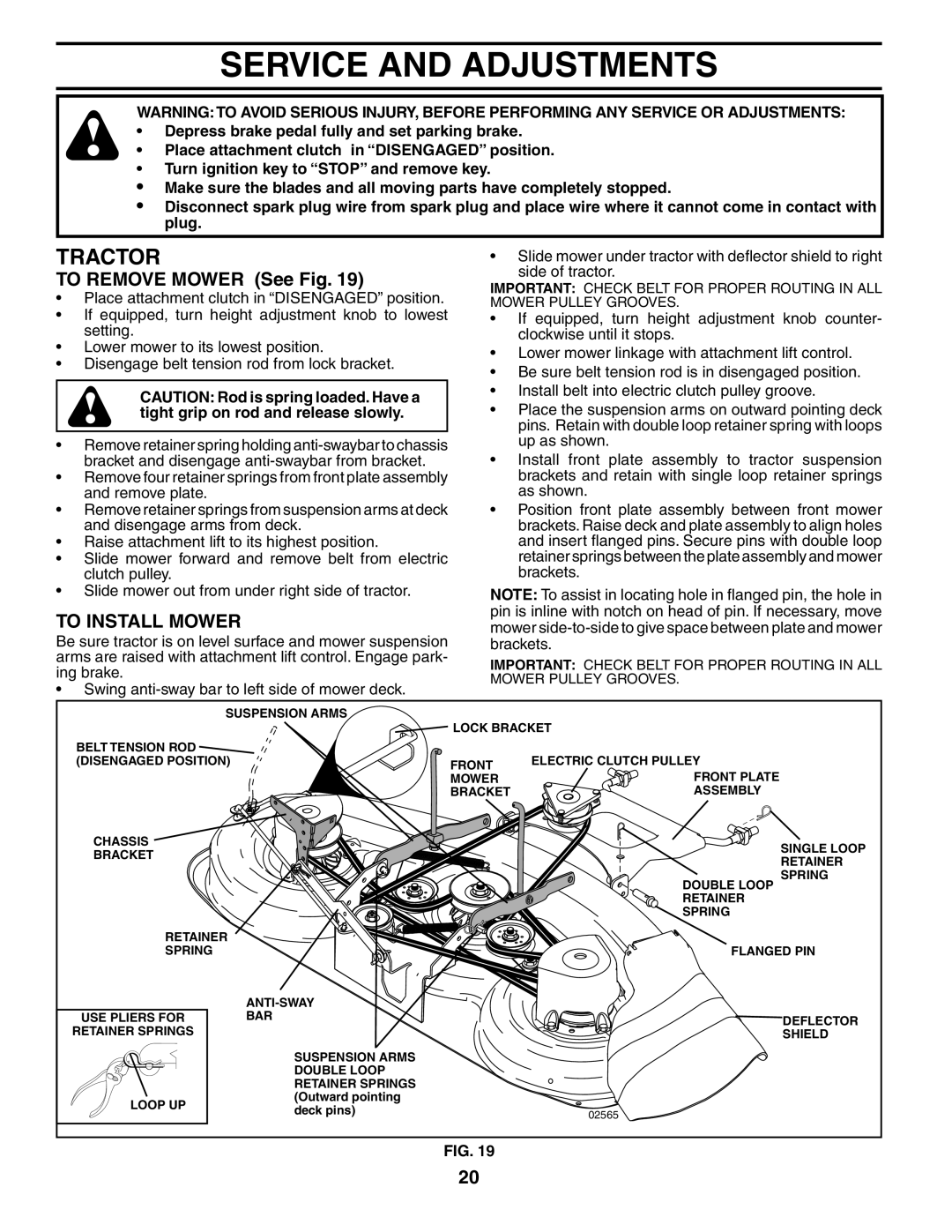 Poulan PD20PH48STB owner manual Service and Adjustments, To Remove Mower See Fig, To Install Mower 