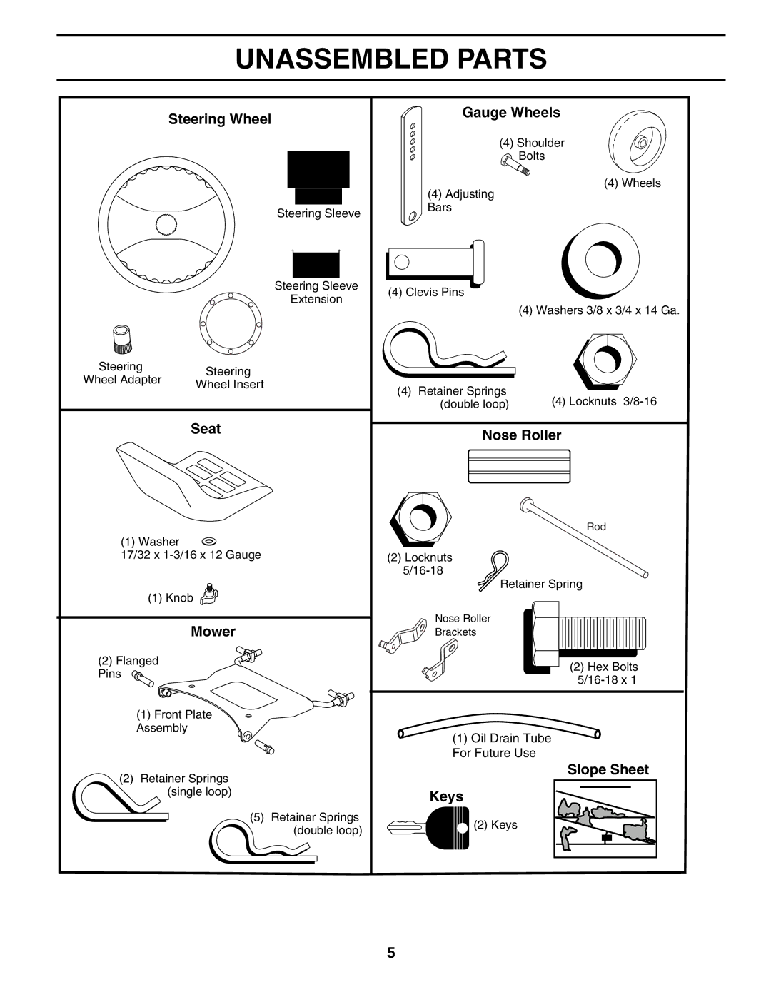 Poulan PD20PH48STB owner manual Unassembled Parts, Steering Wheel Gauge Wheels 