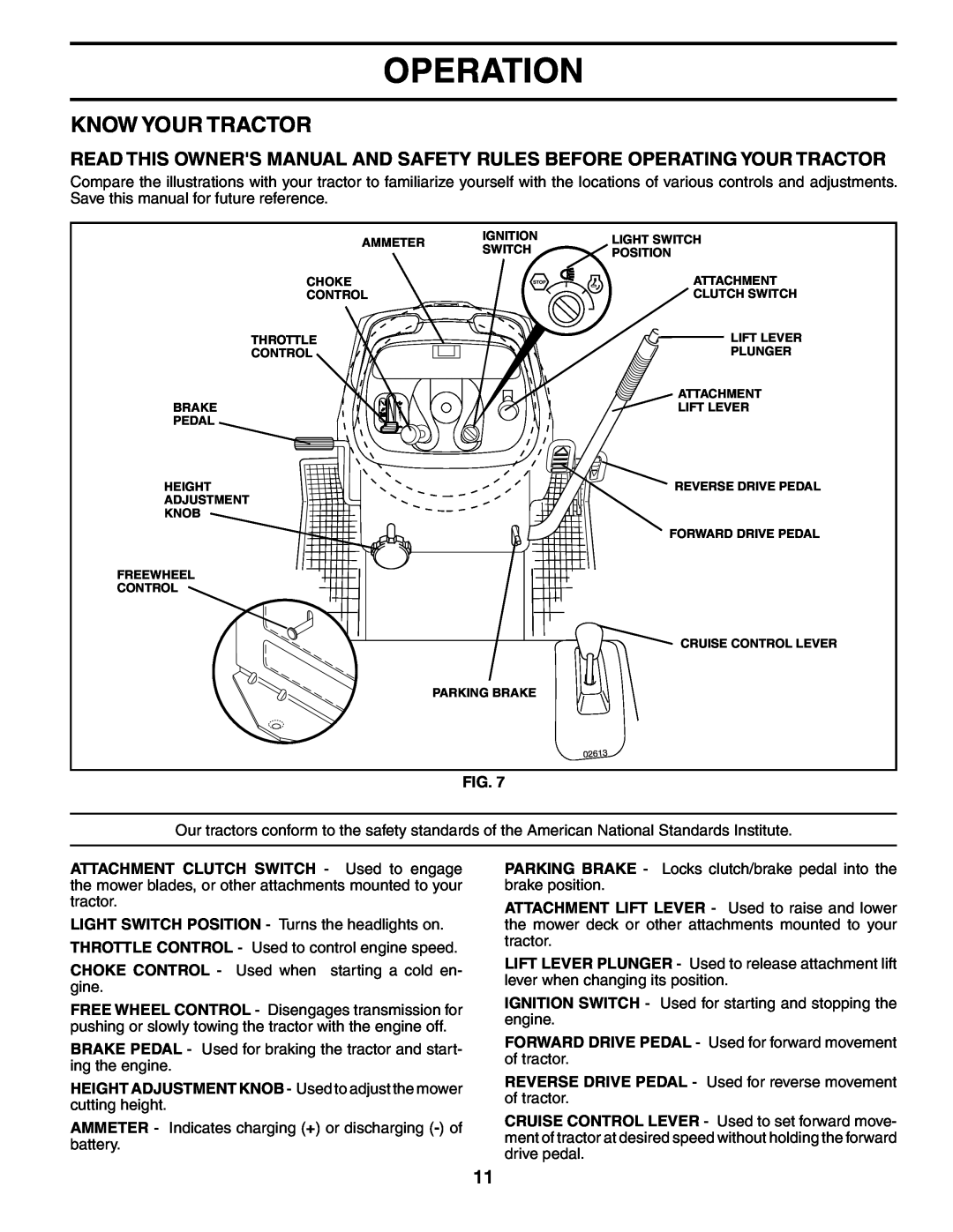Poulan PD20PH48STB Know Your Tractor, Operation, HEIGHT ADJUSTMENT KNOB - Used to adjust the mower cutting height 