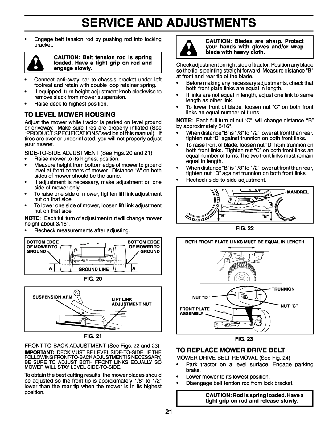 Poulan PD20PH48STB owner manual To Level Mower Housing, To Replace Mower Drive Belt, Service And Adjustments 