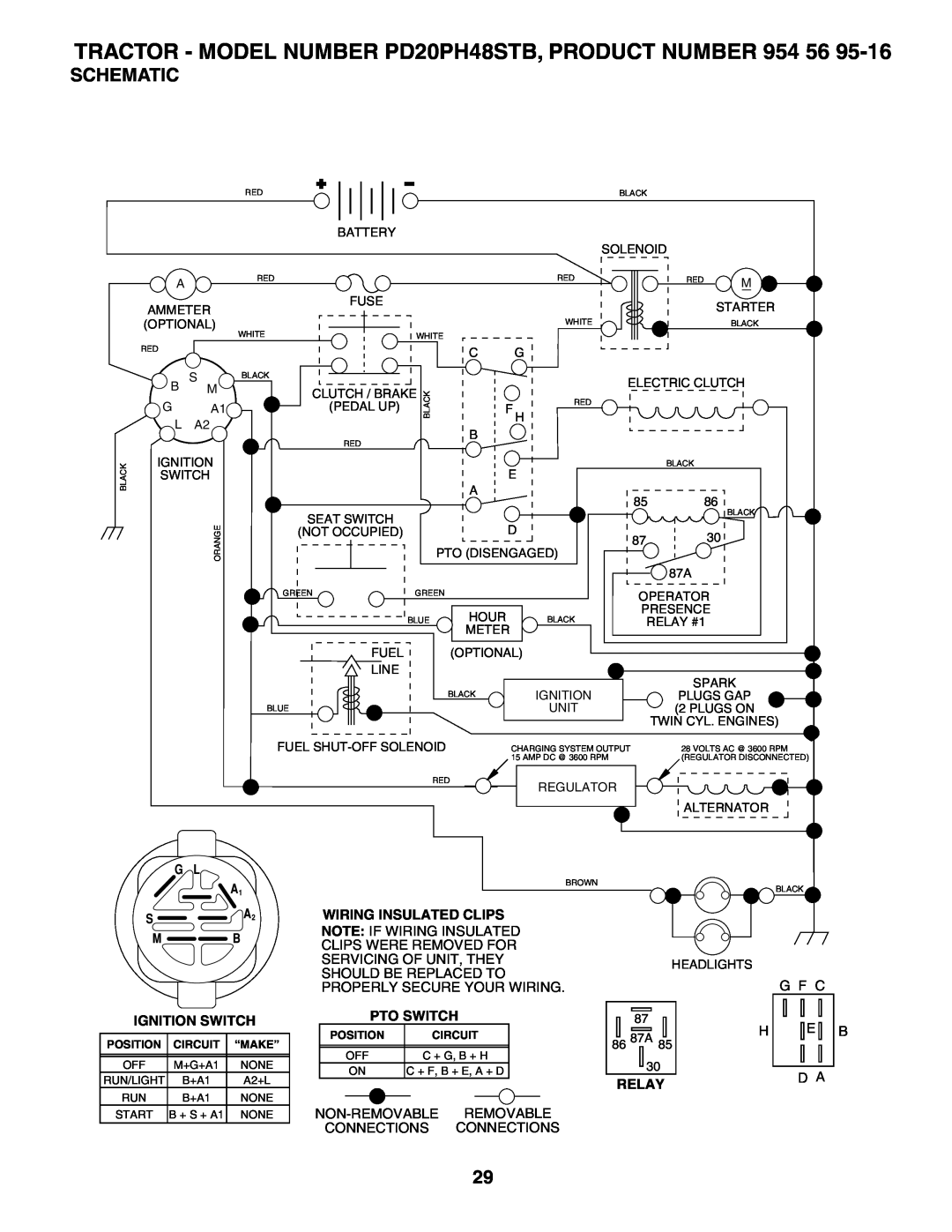 Poulan TRACTOR - MODEL NUMBER PD20PH48STB, PRODUCT NUMBER 954 56, Schematic, Ignition Switch, Wiring Insulated Clips 