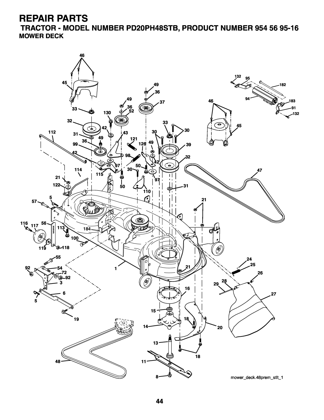Poulan Mower Deck, Repair Parts, TRACTOR - MODEL NUMBER PD20PH48STB, PRODUCT NUMBER 954 56, mowerdeck.48premstlt1 