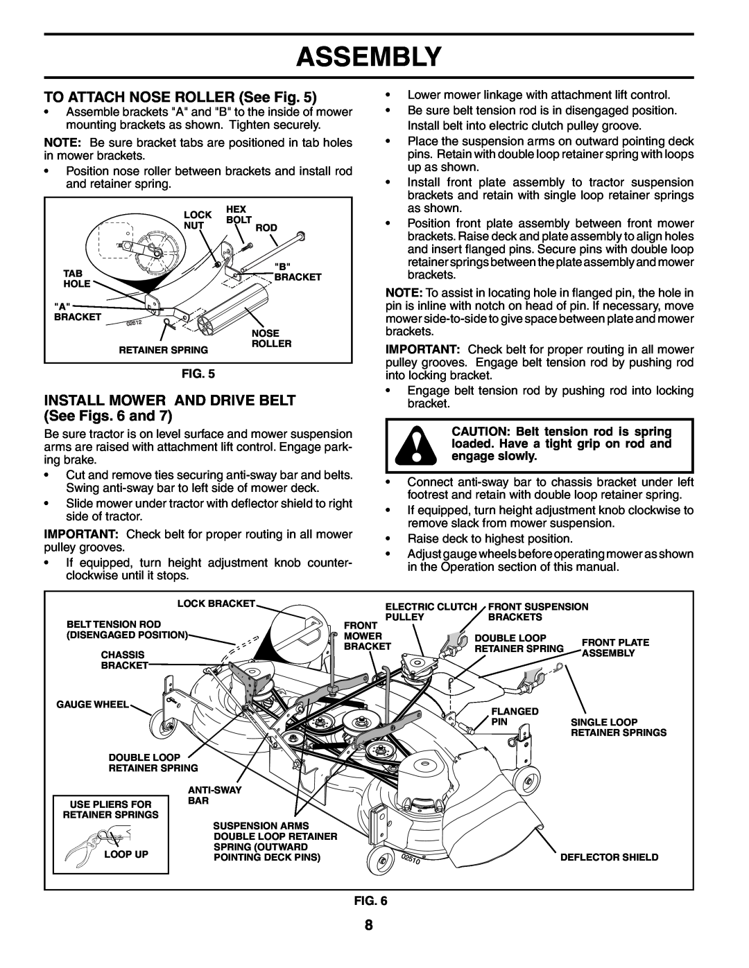 Poulan PD20PH48STB owner manual TO ATTACH NOSE ROLLER See Fig, INSTALL MOWER AND DRIVE BELT See Figs. 6 and, Assembly 