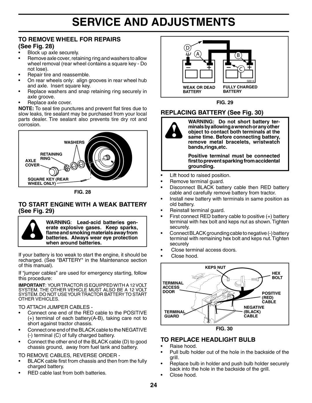 Poulan PD20PH48STC owner manual To Remove Wheel for Repairs See Fig, Replacing Battery See Fig, To Replace Headlight Bulb 