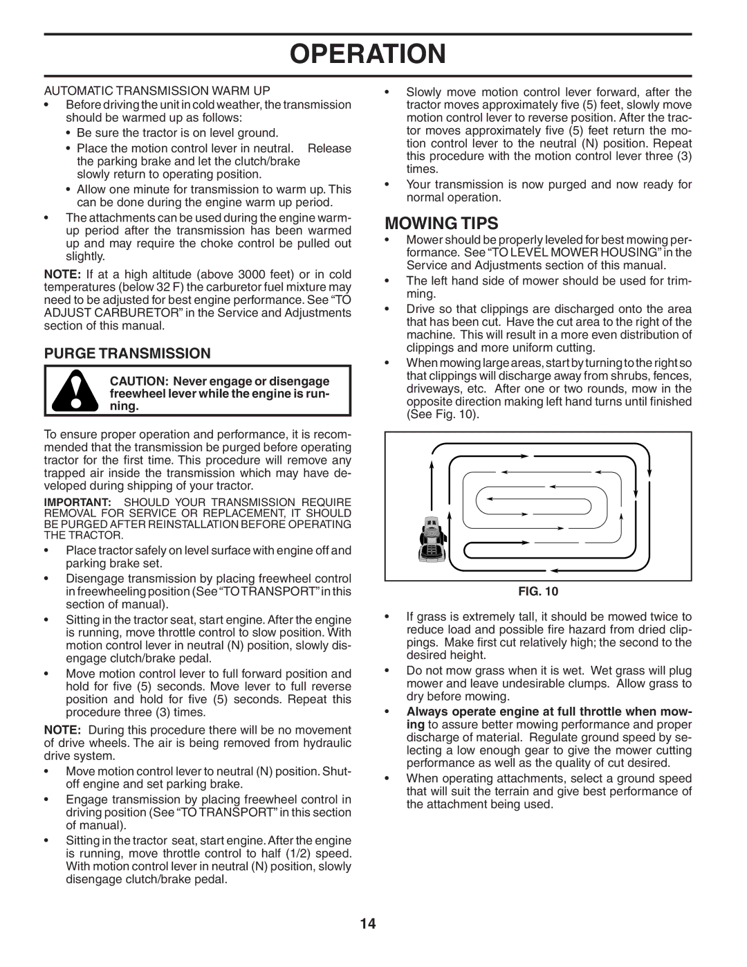 Poulan PD22H42STA owner manual Mowing Tips, Purge Transmission, Automatic Transmission Warm UP 