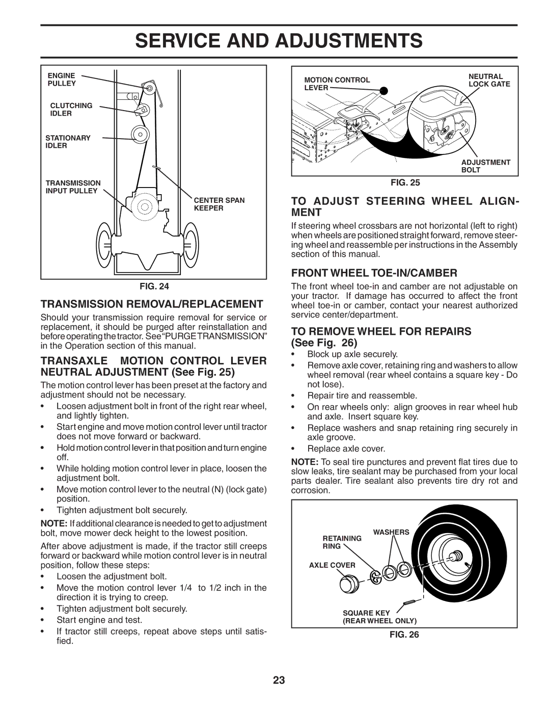 Poulan PD22H42STA owner manual Transmission REMOVAL/REPLACEMENT, Transaxle Motion Control Lever Neutral Adjustment See Fig 